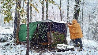 Bushcraft winter camping in the snow - Survival Skills, Campfire - Warm shelter - Wood-burning stove