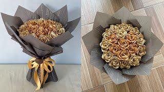 DIY | How to Make a Bouquet of Roses from Satin Ribbons Easy | Wrapping a Round Flower Bouquet