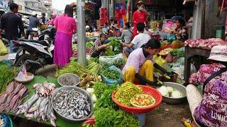 Morning Street Market @Prek Phnov - Daily Lifestyle of Khmer People Buying & Selling Food in Market