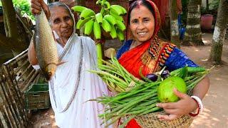 Village style fishing and cooking | পুকুরের টাটকা রুই মাছের সাথে টাটকা কাচ কলার রেসিপি | villfood