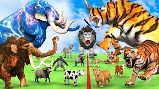 5 Giant Mammoth Elephant Cow vs 5 Giant Lion Tiger vs Hybrid Rhino Zebra Cow Save By Woolly Mammoth