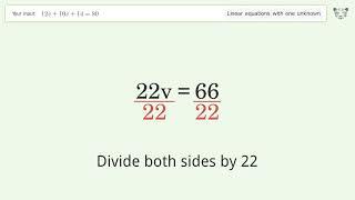 Solve 12v+10v+14=80: Linear Equation Video Solution | Tiger Algebra