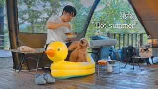 35℃ Solo Camping in Hot Summer with My Dog . Cozy Relaxing in the Tent . Sound of Grass Bug ASMR