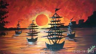 Landscape tutorial for beginners | Artist - Trupti Vijay Korlekar #acryliccolours #sunset #sailboat.
