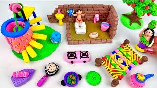 DIY How to make polymer clay miniature Village House, Kitchen Set, Tree, Charpai, Water Well, Doll