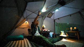 ️ HEAVY RAIN CAMPING - Solo Camping in Pine Forest with Cozy Tent, Gas Heater, Tea (Relaxing)