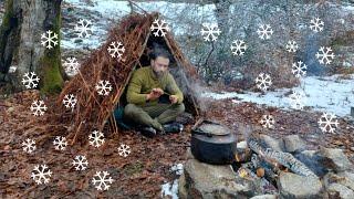 2 Day Winter Bushcraft - Natural Shelter In Snowfall, One Day In The Snowfall And One Day In The Sun