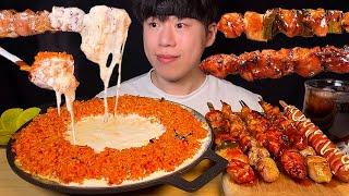 SUB) Korean food cheese creamy kimchi fried rice & spicy chicken skewers mukbang asmr