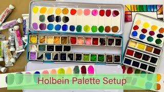 Holbein watercolor palette setup & swatching + putting together travel whiskey painters box art