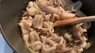 Calamari (Squid) stew with Peas & Tomato