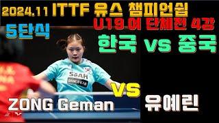 단체전 말방 유예린 vs 중국 ZONG Geman U19 준결승 ITTF World Youth Championships 2024.11, YOO Yerin