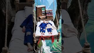 "Elderly Couple Sleeps Peacefully on a Floating Bed Above the Mountains | Tranquil Countryside Life"