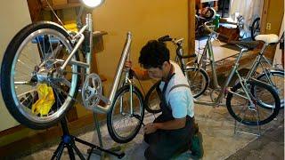 The process of making Japanese high-end handmade bicycles. A handmade bicycle factory in Japan.