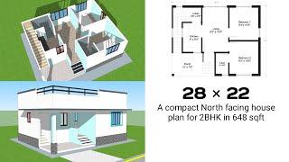 28 x 22 North facing house plan for 2bhk | 8.5 x 6.5 Meter compact house design in 650 sqft