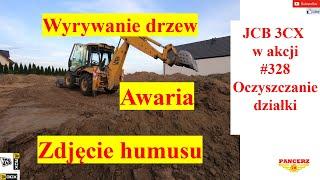 JCB 3CX w akcji # 328 Oczyszczanie działki Wyrywanie drzew Zdjęcie humusu Awaria