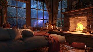 Cozy Rain on Window - Thunderstorm & Warm Fireplace | Deep Sleep, Study, and Relaxation Sounds