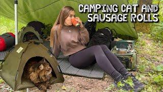 Solo Camping with My Cat  Mini Cat Tent, Fire-Cooked Sausage Rolls & Pie | ASMR Forest Cooking