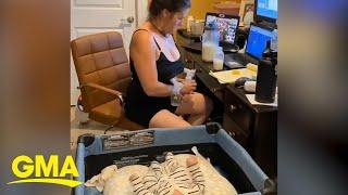 Time-lapse of mom working from home while caring for her baby