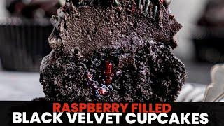 Black Velvet Cupcakes with Raspberry Jam Filling