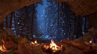 Relax In A Cozy Winter Cave With A Crackling Fire | Fall Asleep Fast | Winter Ambience | 4K | 8Hrs