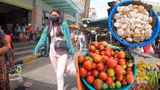 Cambodian Market Food Tour, Lifestyle of Khmer people buying food fresh vegetable,fruit & Meat