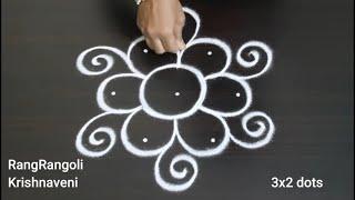 Easy Rangoli for Daily use3x2 dots Karthika masam MugguluSimple KolamRangRangoli Krishnaveni