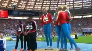 Russian athletes KISS on winners podium