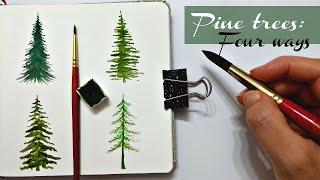 4 TECHNIQUES to paint pine trees » EASY WATERCOLOR trees for beginners step by step tutorial