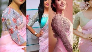 Baby pink Saree with contrast blouse design ideas...