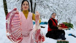 The most traditional way of cooking broth with lamb and cooking bread in snowy weather