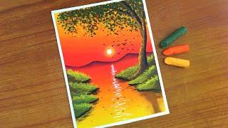 Easy Oil Pastel Sunset Scenery Painting for beginners | Oil Pastel Drawing