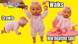 New Baby Born doll Olivia Morning Routine doll walks and crawls feeding doll with mealtime table