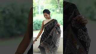 Banarasee Katan-Silk Block Print Saree With Gold Border-Black