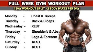 4 Day Workout Plan | Full week Gym workout plan | 2 Body Parts Per Day | Full body workout |