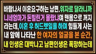 바람나서 이혼요구하는 남편.위자료 달라니까 니네엄마가 돈빌렸다며 맨몸으로 꺼지라는데.이혼 후 내 앞에 나타난 한 여자의 얼굴을 본 순간,내 인생은 대박나고 남편인생은 폭망하는데