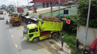 First New Project!! Bulldozer D31P Filling Up Land & Pushing Soil With Dump Truck Unloading