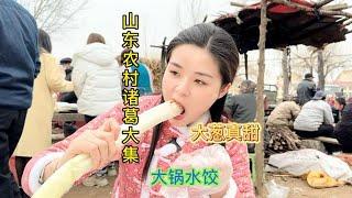 诸葛亮的老家赶大集，大锅韭菜水饺7元22个真好吃，山东大葱好大【我是忐忑妞】