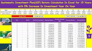 SIP-Mutual Fund Return Calculation In Excel for 15 Years with 5% Increase In Investment Year On Year