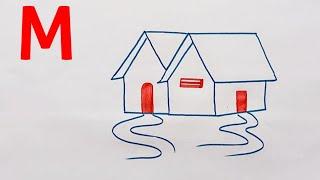 How to draw a house from M letter | Easy house drawing