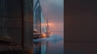 a sleek electric catamaran with solar-wing sails
