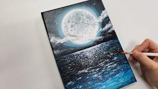 Drawing the moon on the sea with acrylic paint | The night sea | Satisfying ASMR | 바다위에 비춰진 달 그리기