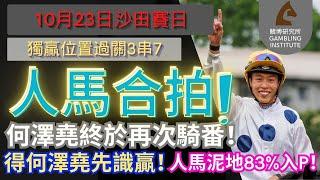 【賽馬貼士】10月23日 獨贏位置過關3串7｜人馬合拍！｜何澤堯終於再次騎番！得何澤堯先識贏！人馬泥地83%入P！