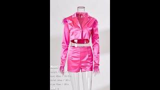 Girlmerry Autumn new satin decor  collar button zip-up stylish sexy shorts set Wholesale DA005757