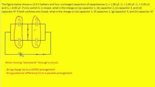 The figure below shows a 12.0 v battery and four uncharged capacitors of capacitances