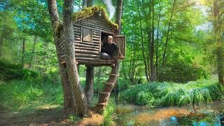 Building a cozy bushcraft treehouse over the water. Catch and Cook. Overnight, Survival