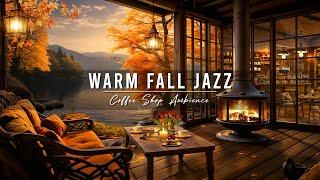 Cozy Fall Coffee Shop Ambience  Warm Jazz Instrumental Music & Crackling Fireplace for Relax, Work