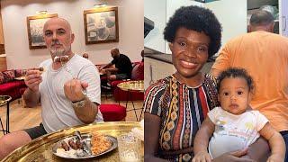 Family dinner. Nigerian wife tries Bosnian food.