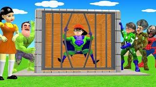 Scary Teacher 3D vs Squid Game Become Superhero Escape Cage 5 Times Challenge Miss T vs Granny Loser