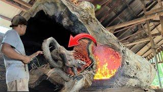 Can't be seen!! Amazing video of sawing through a burning hollow log || Sawmill