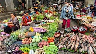 Cambodian Morning Food Market Scene In Town - Plenty River Fish, Fresh Vegetable & More Fresh Food